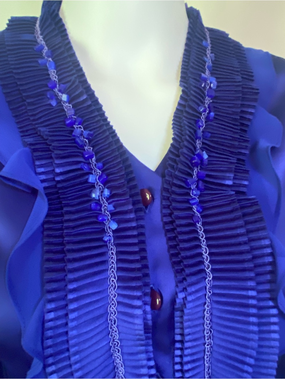 Women’s Royal Blue Ruffle-Front Button Blouse - Picture 4 of 13